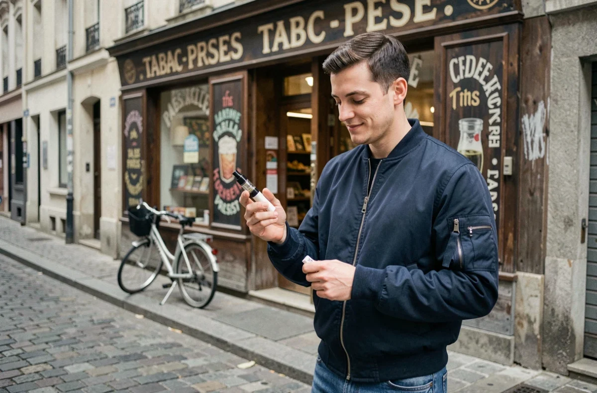 Jeune homme examinant une puff achetée devant un bureau de tabac dans une rue urbaine européenne