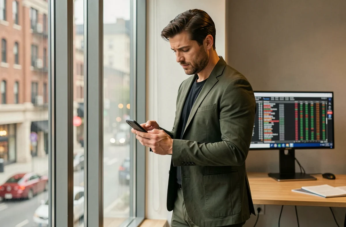 Homme d'affaires consultant son smartphone avec données boursières dans un espace de coworking contemporain