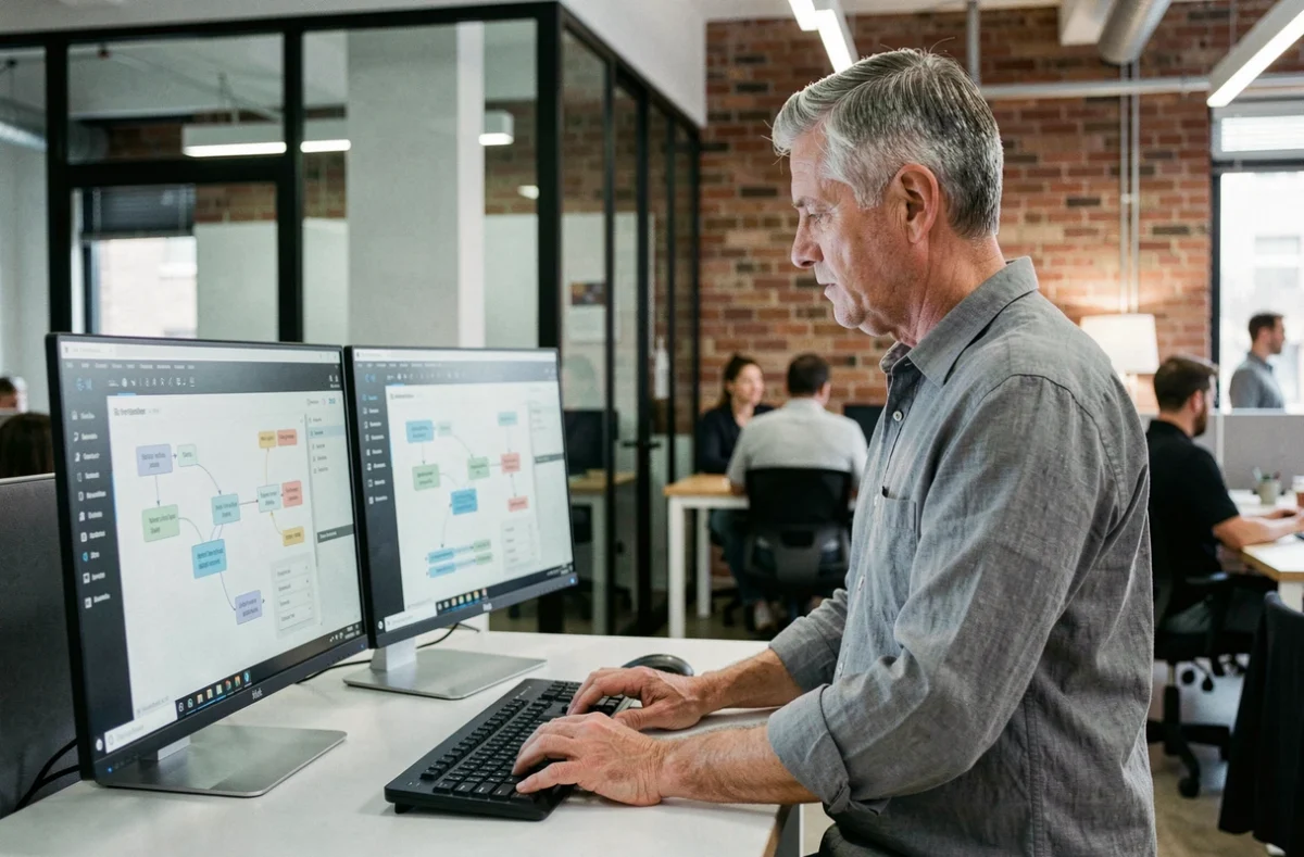 Homme configurant un outil d'orchestration sur double écran dans un espace de coworking