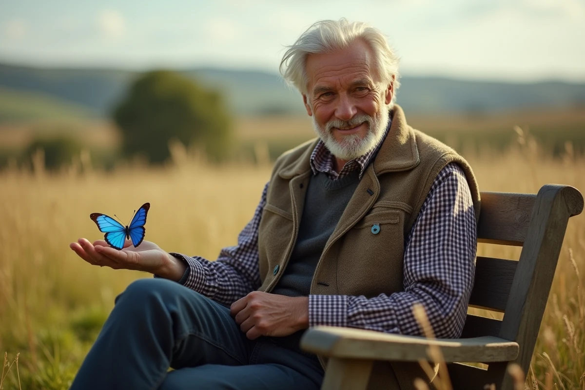 Homme âgé avec papillon bleu dans un champ en plein air