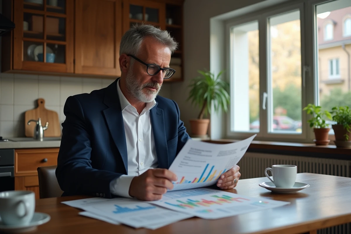 Homme français à la maison analysant ses dépenses