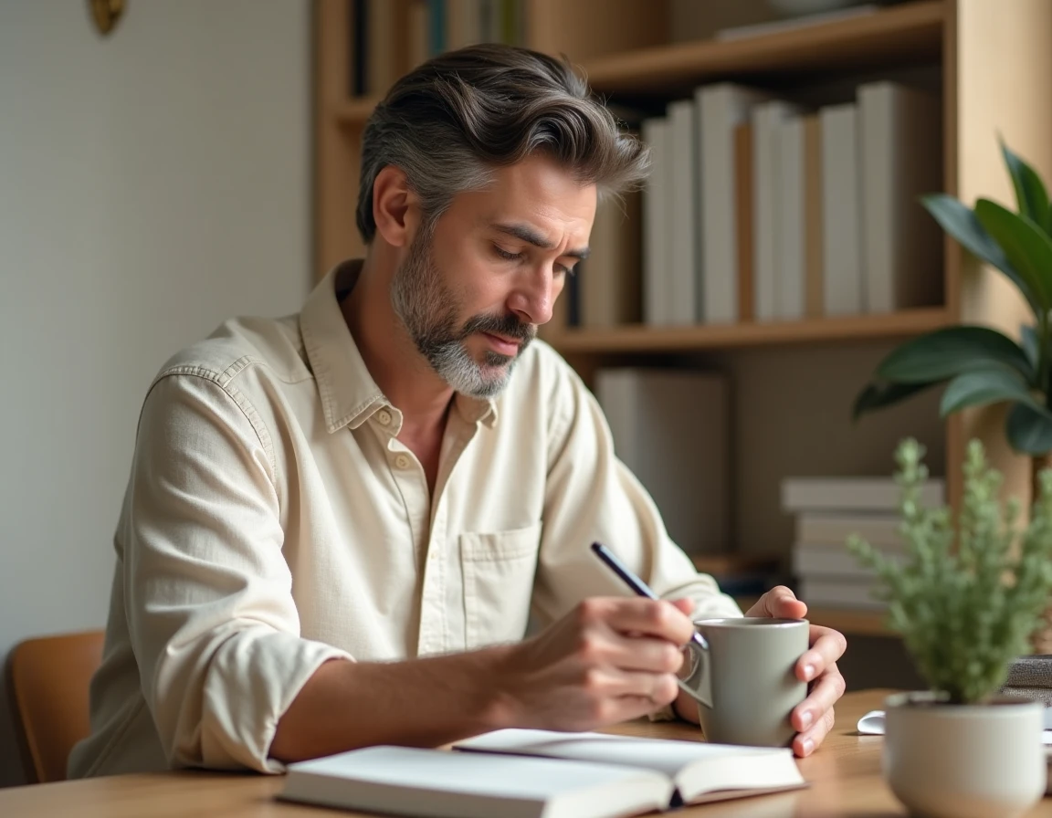 Homme lisant un journal de bien-être à son bureau minimaliste avec une tasse de thé dans une atmosphère sereine et équilibrée