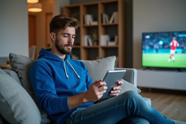 Homme en hoodie bleu regardant un match sportif sur tablette