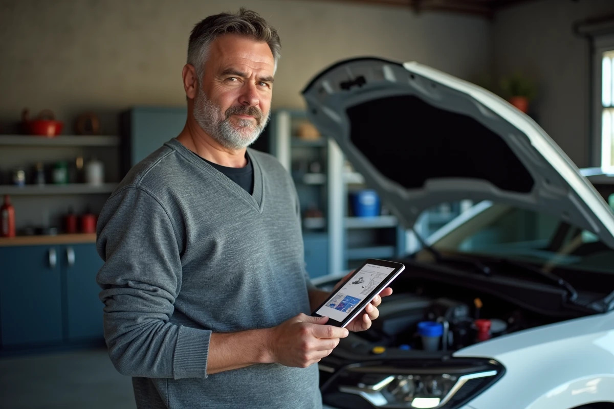 Homme répare voiture avec tablette dans un garage