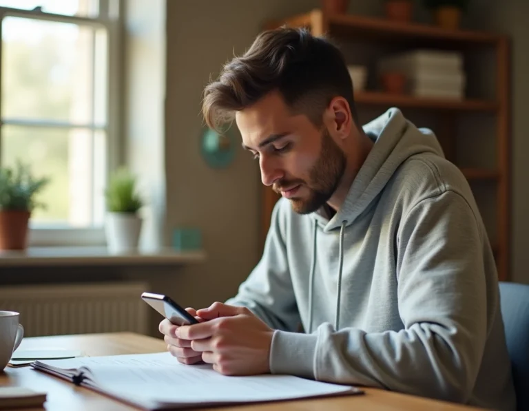 Jeune homme installant une application tierce sur iPhone en suivant un guide étape par étape à son bureau