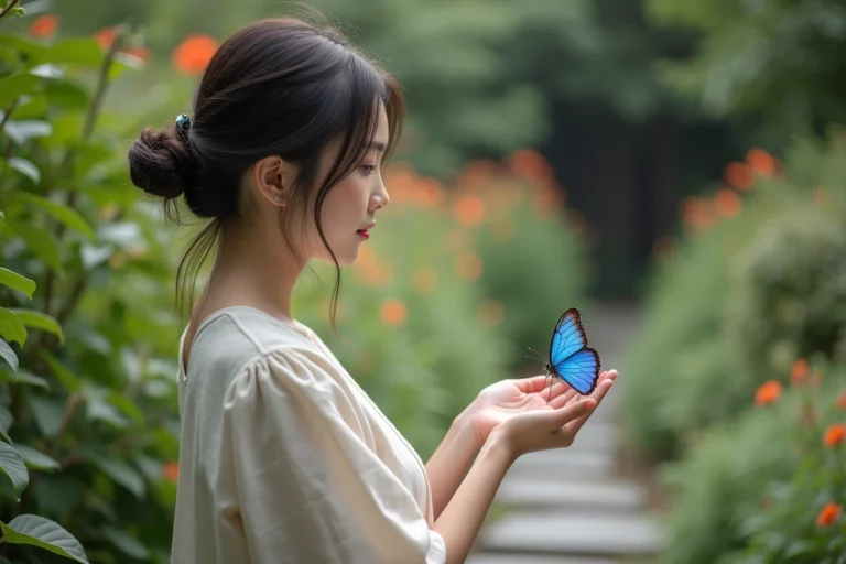 Jeune femme contemplant un papillon bleu dans un jardin