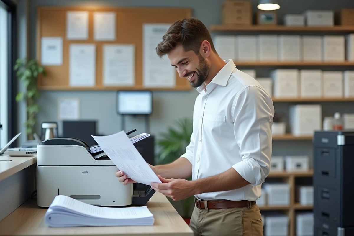 Jeune homme récupérant ses documents imprimés en supermarche