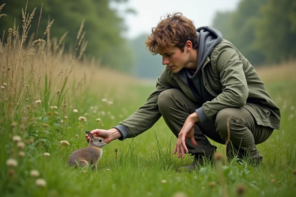 Jeune homme observant un musaraigne dans un pré verdoyant
