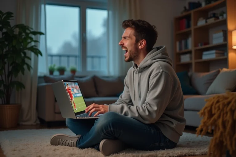 Jeune homme regardant un match de football à la maison