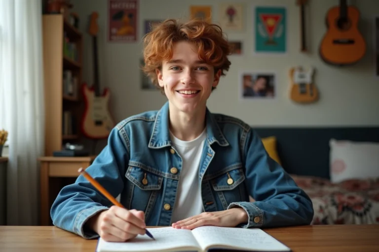 Jeune garçon souriant avec carnet de paroles dans sa chambre