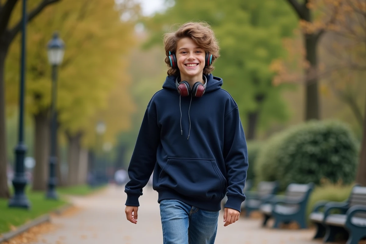 Adolescent heureux marchant dans un parc parisien avec écouteurs