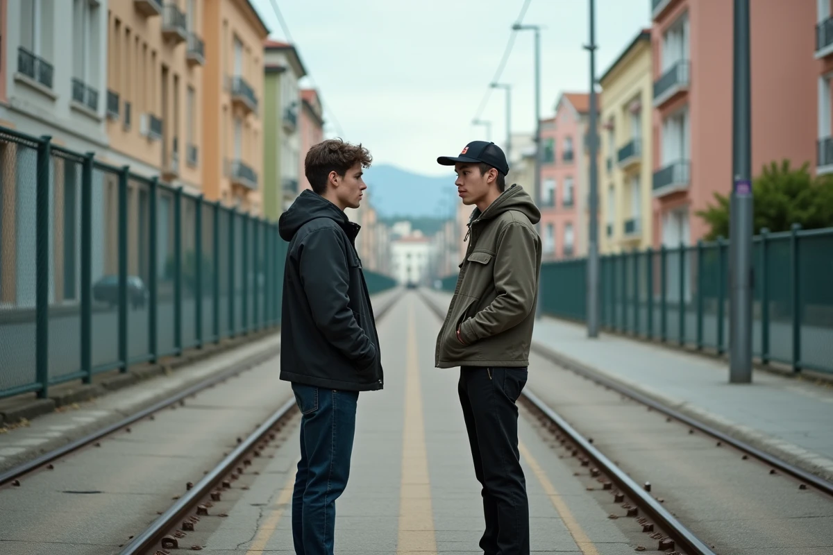 Deux jeunes hommes dans une station de tram à Nice