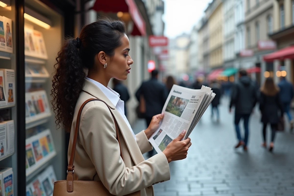 Femme consultant les unes de journaux à un kiosque de presse urbain, sélection d'actualités en temps réel