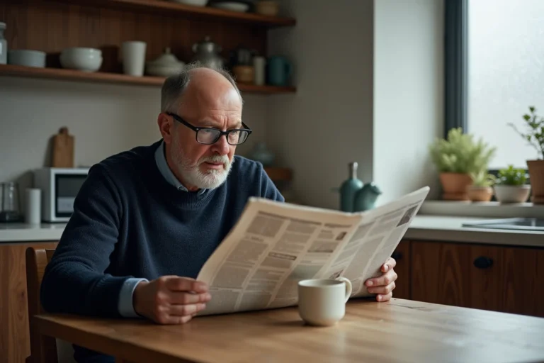Homme lisant un journal papier le matin à la table de cuisine, tasse de café posée à côté, actualité du jour en une