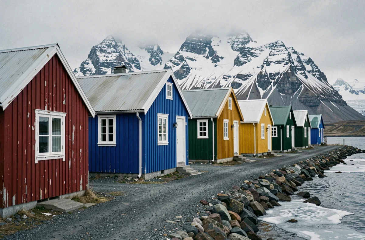 Rangée de maisons colorées traditionnelles du Groenland au bord d'un fjord avec montagnes enneigées