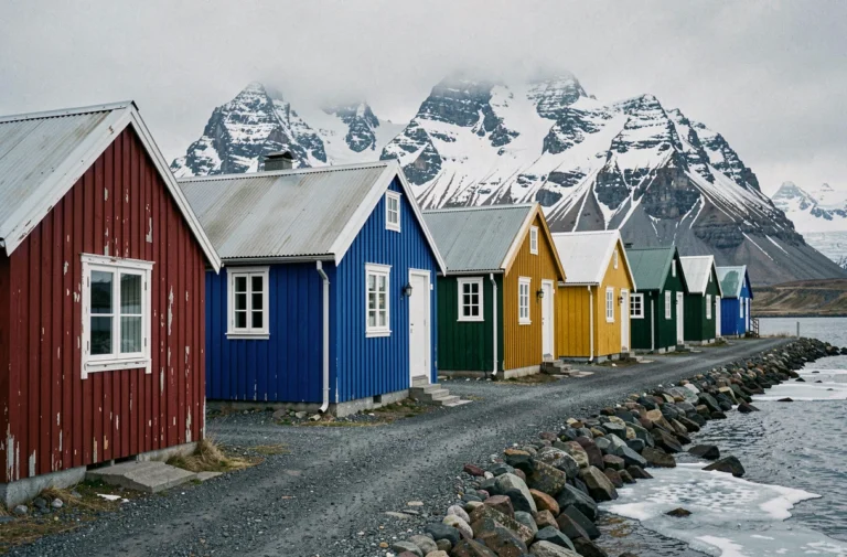 Rangée de maisons colorées traditionnelles du Groenland au bord d'un fjord avec montagnes enneigées