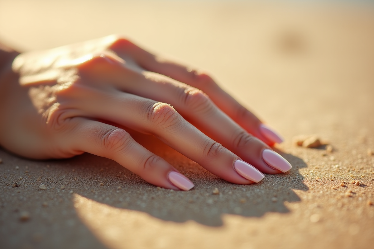 Main de femme avec manucure brillante sur la plage