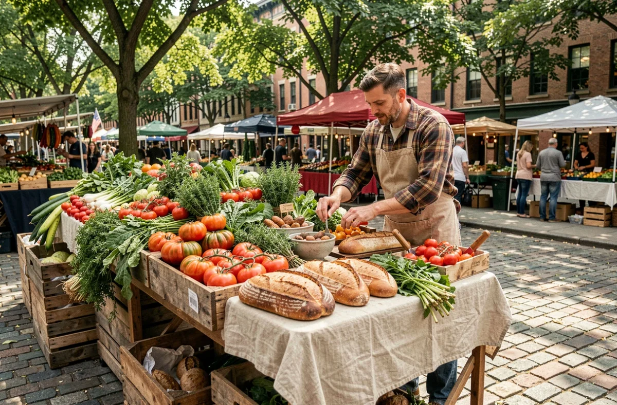 Étal de marché fermier urbain regorgeant de légumes frais et de pains artisanaux avec un vendeur arrangeant ses produits sur des caisses en bois