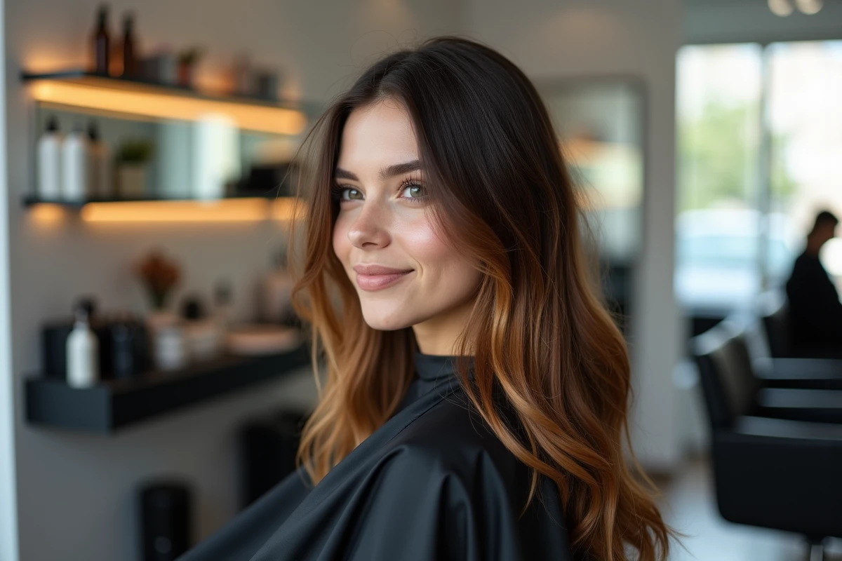 Femme aux cheveux châtain foncé avec des mèches caramel et miel réalisées en salon de coiffure