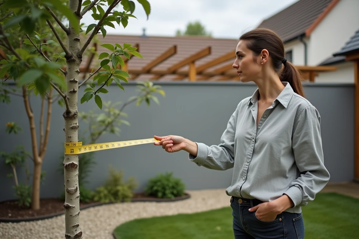 Femme mesurant la distance entre un jeune bouleau et un mur de clôture dans un jardin résidentiel