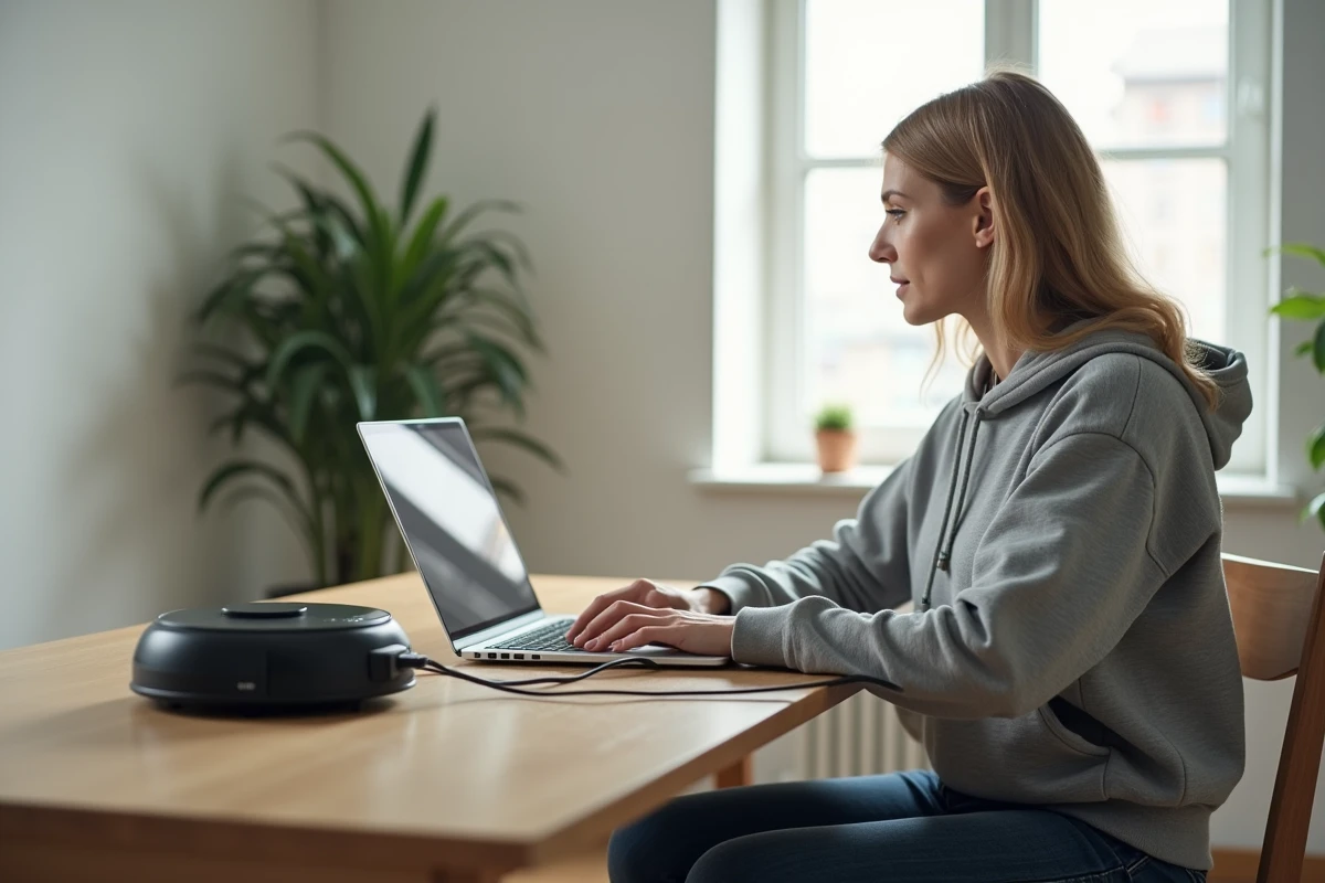 Femme mettant à jour le firmware d'un robot tondeuse connecté à un ordinateur portable avant l'hivernage