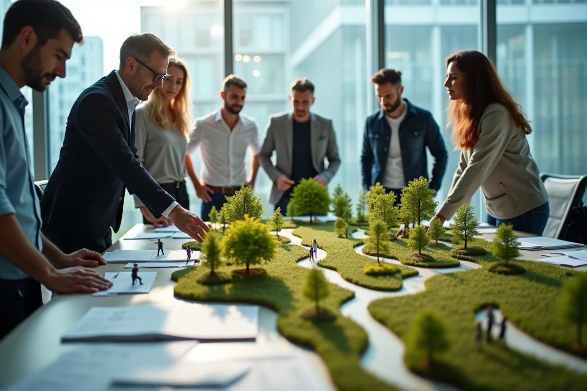 Groupe d urbanistes autour d un modele de toit vert en réunion
