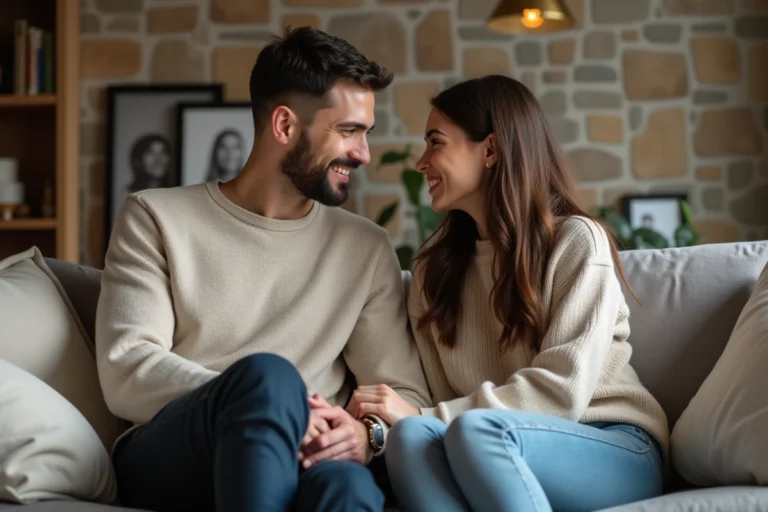 Couple assis sur un canapé dans un salon chaleureux
