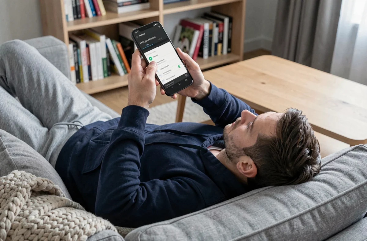 Homme configurant le mode Ne pas déranger sur un smartphone Android dans son salon