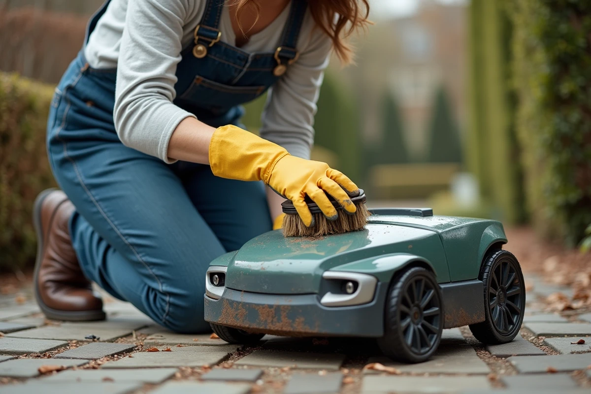 Femme nettoyant le châssis d'un robot tondeuse et inspectant les lames sur une terrasse en pierre en automne