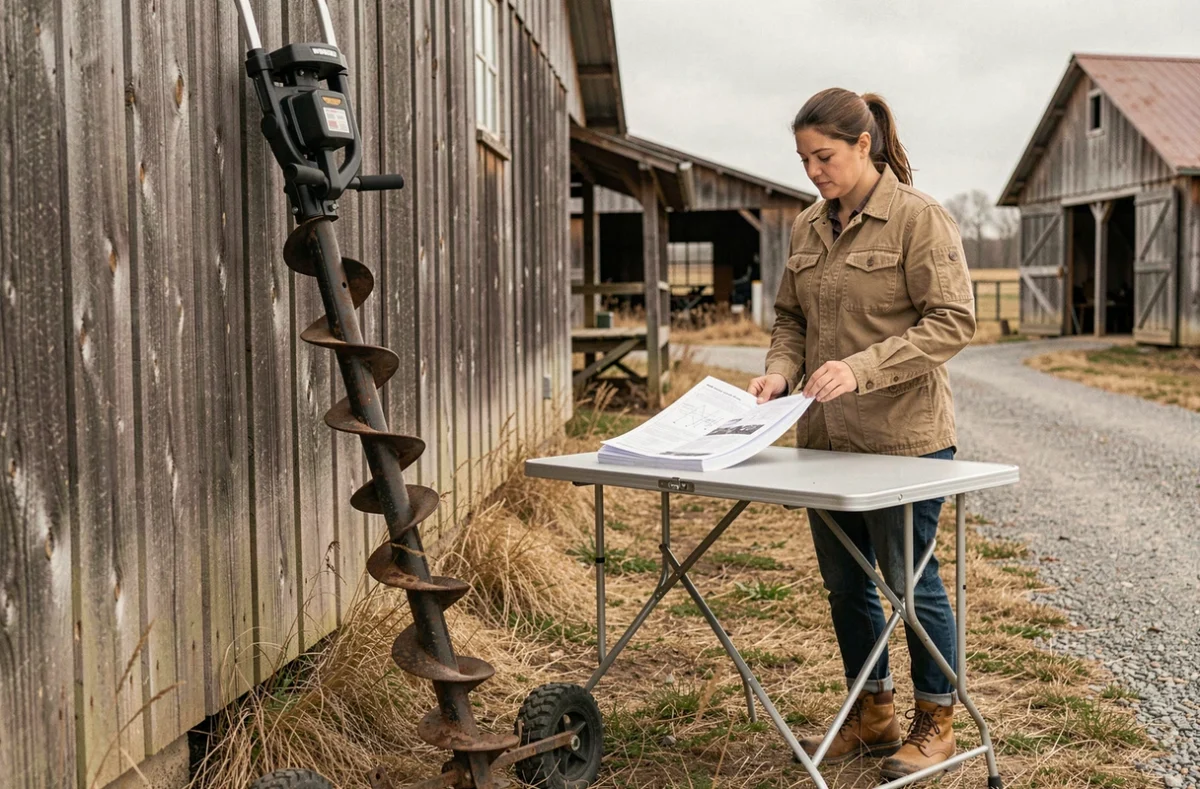Femme consultant la notice technique d'une tarière thermique à deux personnes appuyée contre une grange, en milieu rural
