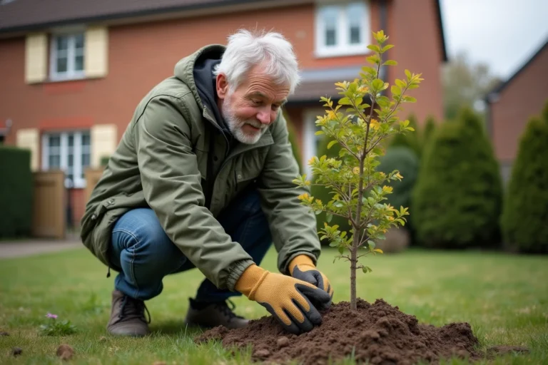Homme plantant un jeune arbre à bonne distance d'une maison en briques dans un jardin résidentiel