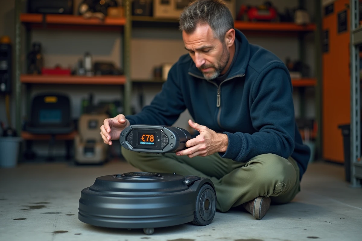 Homme vérifiant le niveau de charge de la batterie d'un robot tondeuse avant stockage hivernal dans un garage