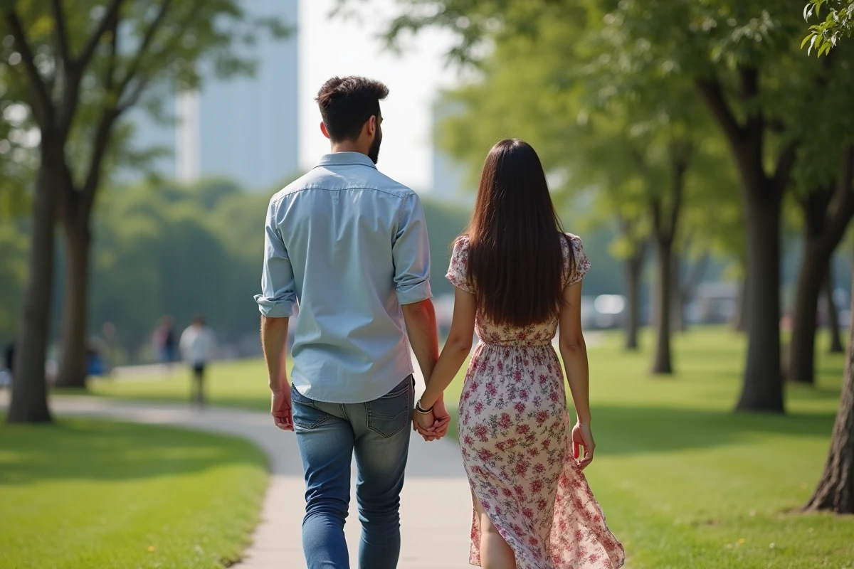 Jeune couple se promenant dans un parc urbain