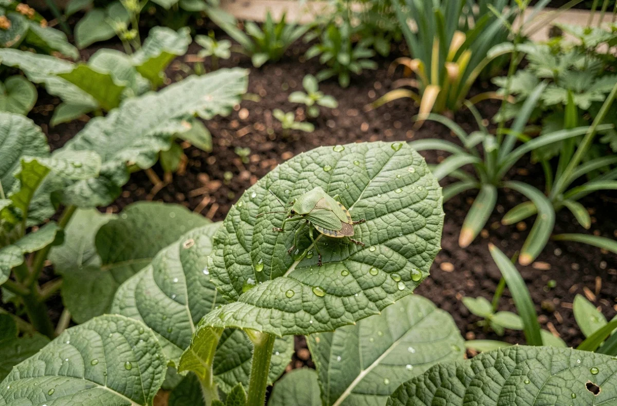 Punaise verte sur une feuille dans un jardin avec des gouttes de rosée, photographie naturaliste