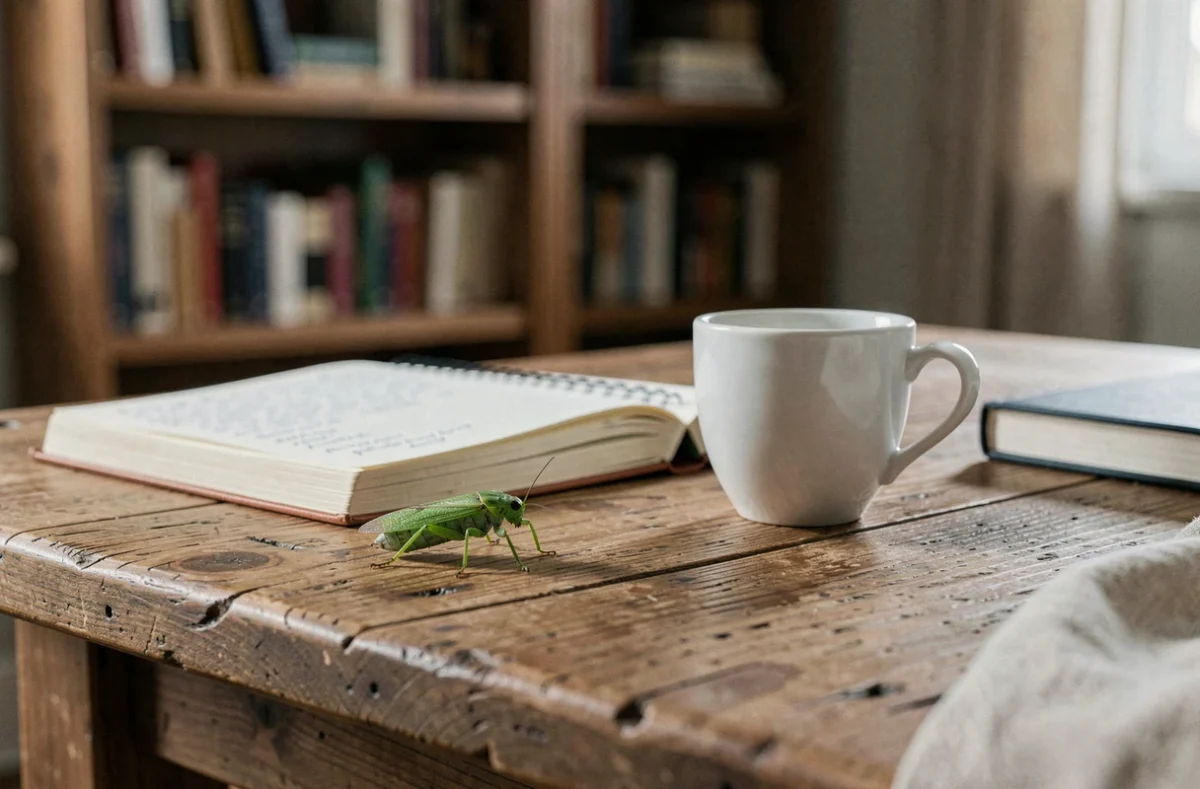 Punaise verte traversant une table en bois près d'un journal et d'une tasse de café, ambiance intérieure rustique