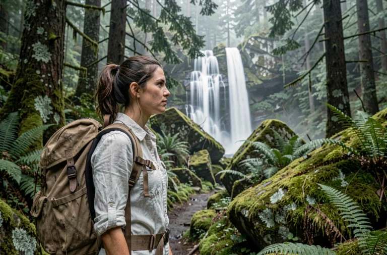 Randonneuse contemplant une cascade cachée dans une forêt tempérée luxuriante lors d'un tourisme durable