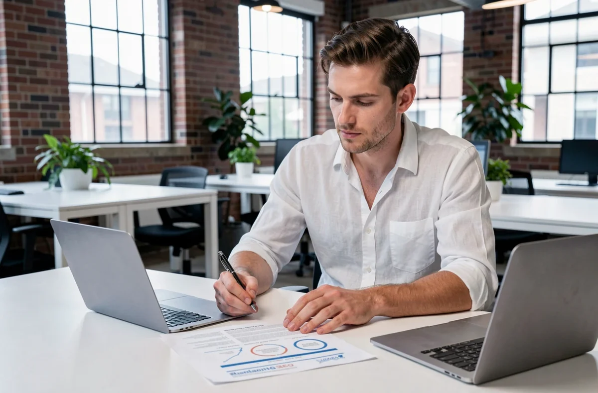 Rédacteur web masculin analysant une stratégie de contenu SEO dans un espace de coworking moderne