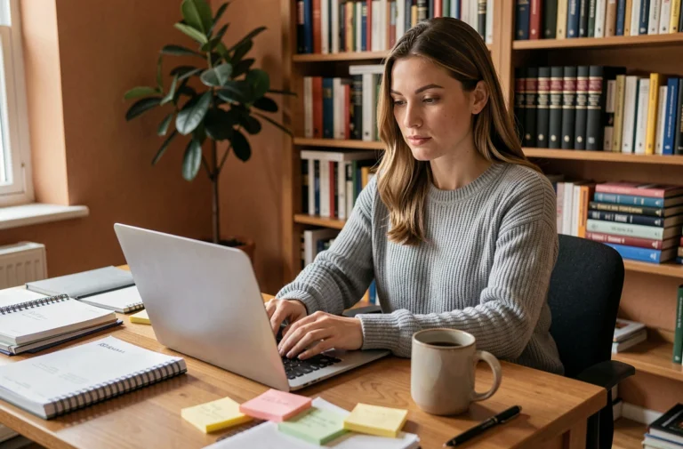 Rédactrice web concentrée tapant sur un ordinateur portable dans un bureau à domicile organisé avec des cahiers et des notes