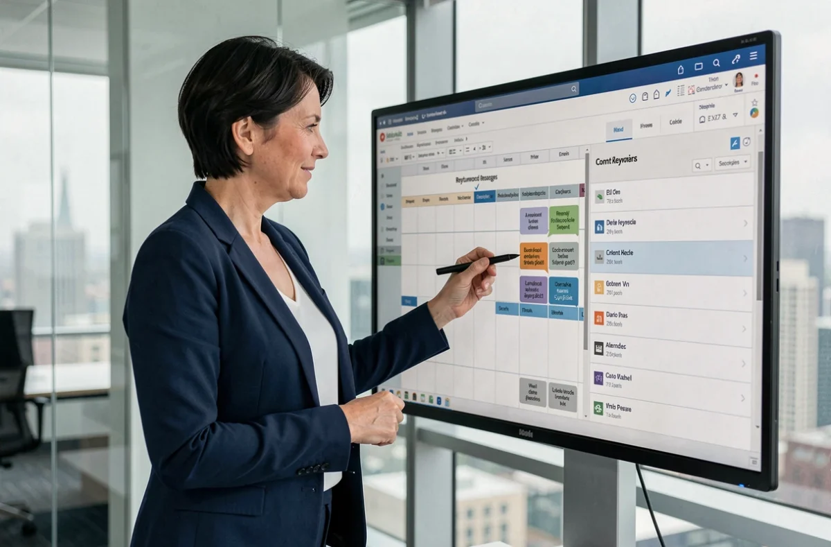 Rédactrice web senior analysant un calendrier éditorial et des données SEO sur un grand écran dans un bureau professionnel