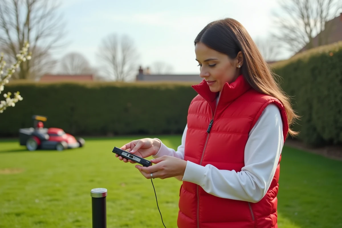 Femme réinitialisant une balise RTK GPS d'un robot tondeuse dans un jardin au printemps pour le redémarrage saisonnier