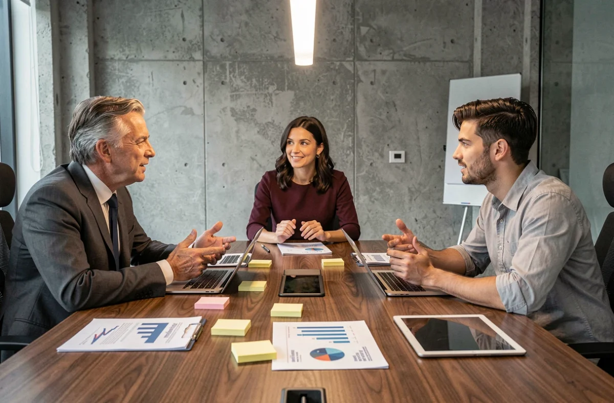 Équipe de professionnels en réunion stratégique autour d'une table de conférence avec rapports et tablettes numériques
