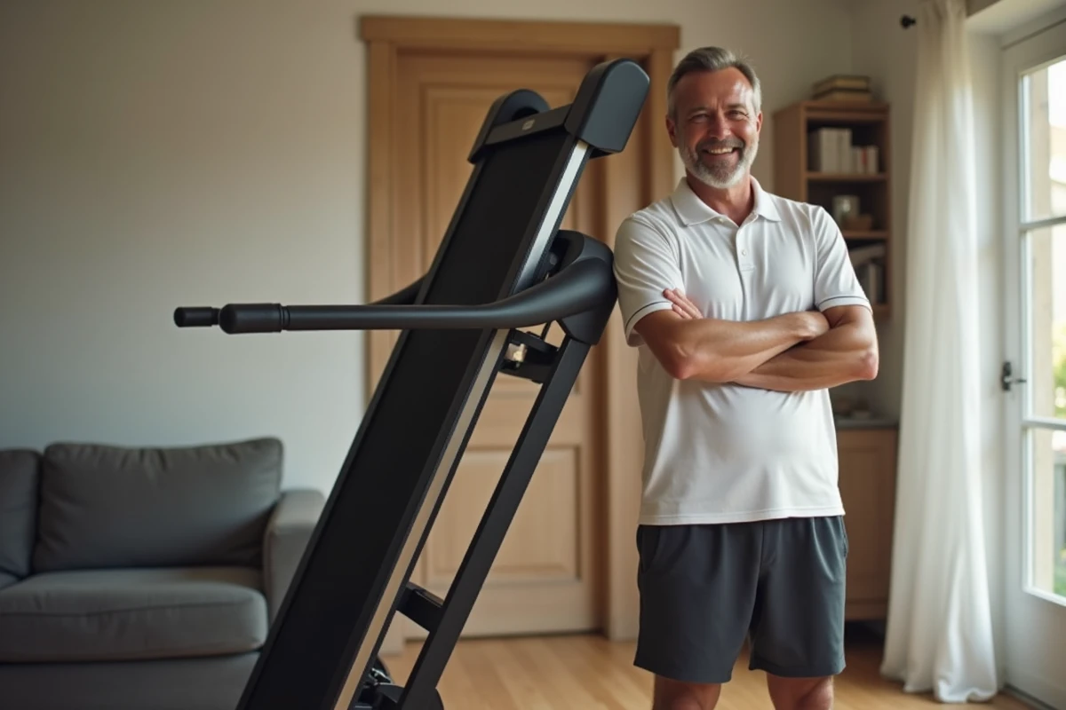 Homme présentant un tapis de course plié et compact dans un salon moderne