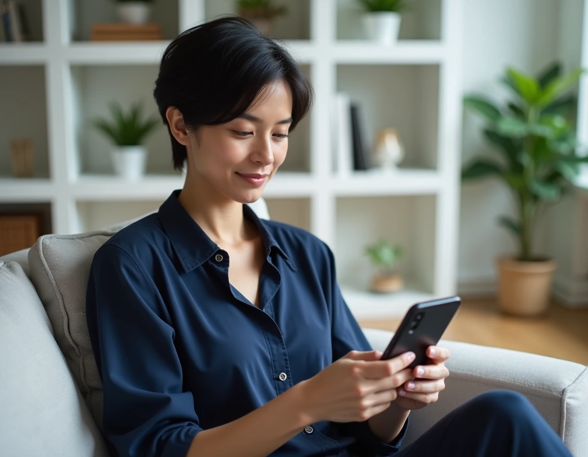 Femme téléchargeant une application sur iPhone depuis son salon avec une interface d'application visible à l'écran