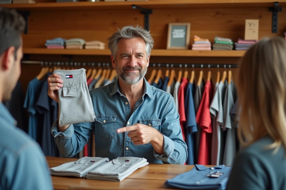 Vendeur d'une boutique indépendante à Nantes expliquant le pays de fabrication d'un vêtement Tommy Hilfiger à un client