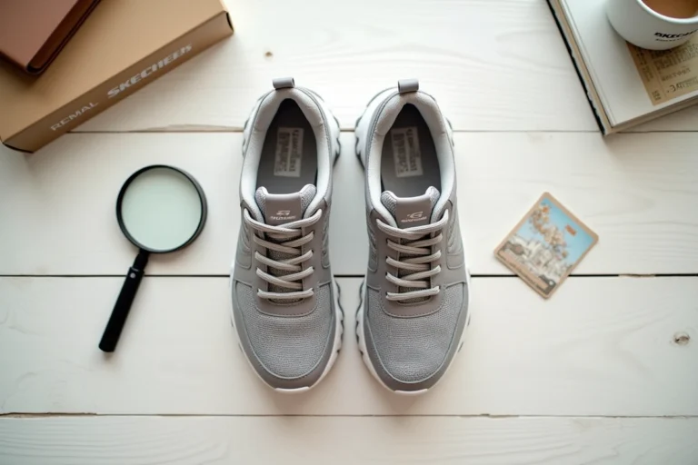 Paire de chaussures Skechers originales vue de dessus avec loupe et étiquette d'authentification pour vérifier les détails du logo et des coutures