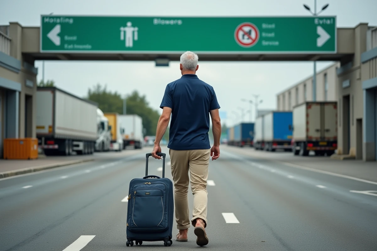 Voyageur homme d'âge mûr avec valise cherchant les douches à l'entrée d'une station-service autoroutière