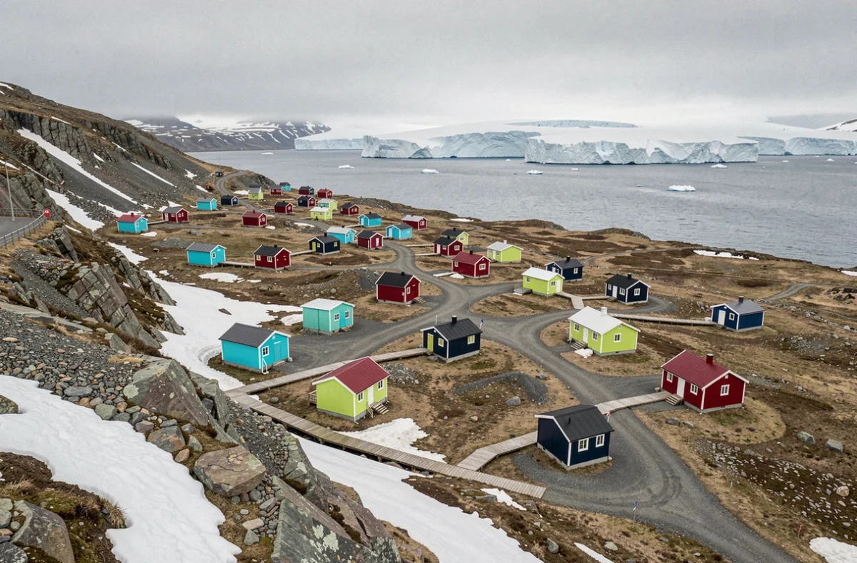 Vue aérienne du quartier coloré d'Ilulissat au Groenland avec icebergs de la baie de Disko en arrière-plan